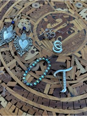 Silver Heart Drop Earrings with Blue Accent and Assorted Silver Jewelry Set